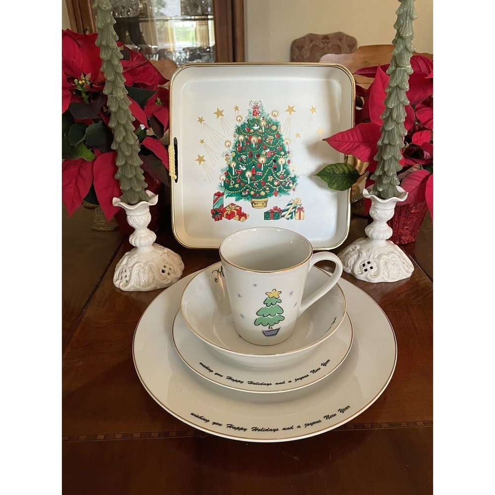 Vintage Merry Brite 4 piece Christmas Tree Dinnerware Place Setting Set